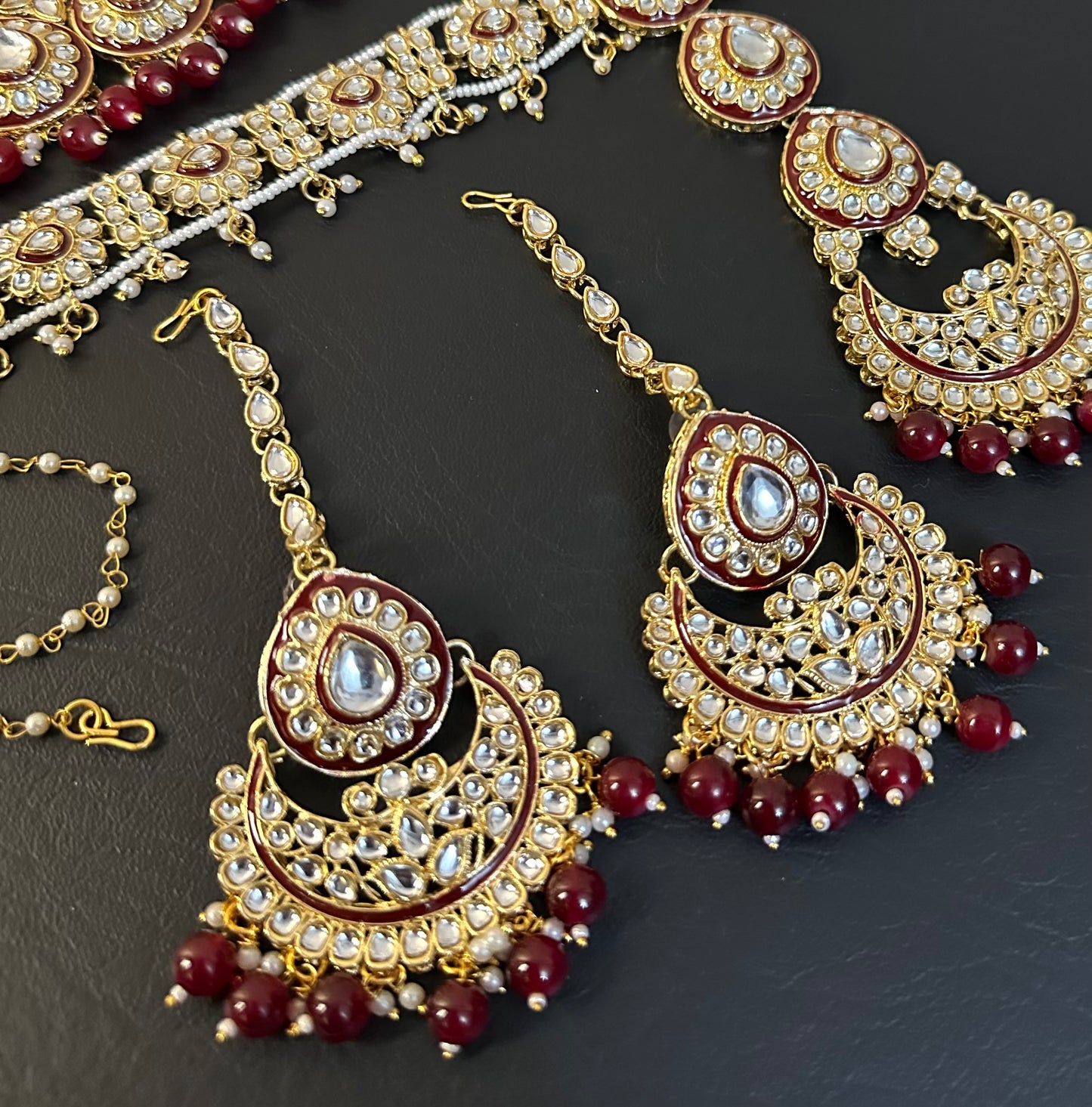 Indian Polki KUNDAN and MEENAKARI Work Set with Matha patti ,Earrings and Nose ring