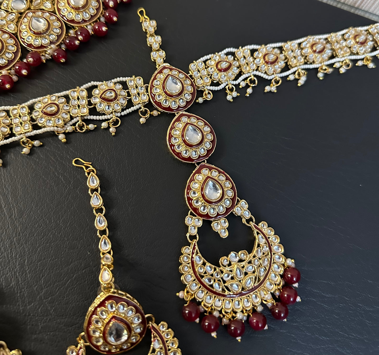 Indian Polki KUNDAN and MEENAKARI Work Set with Matha patti ,Earrings and Nose ring