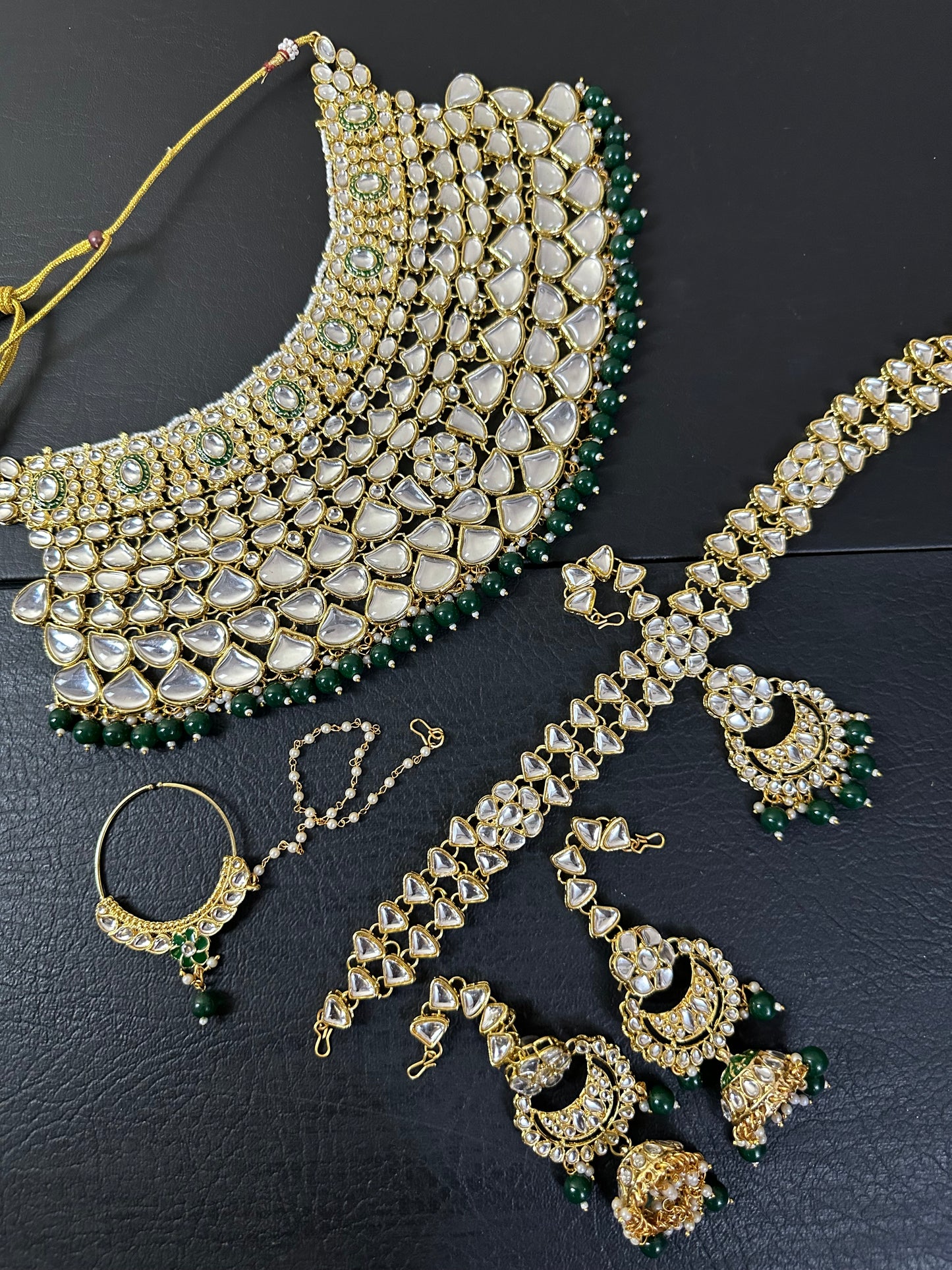 Indian Polki KUNDAN and MEENAKARI Work Set with Matha patti , JHUMKI Earrings and Nose ring