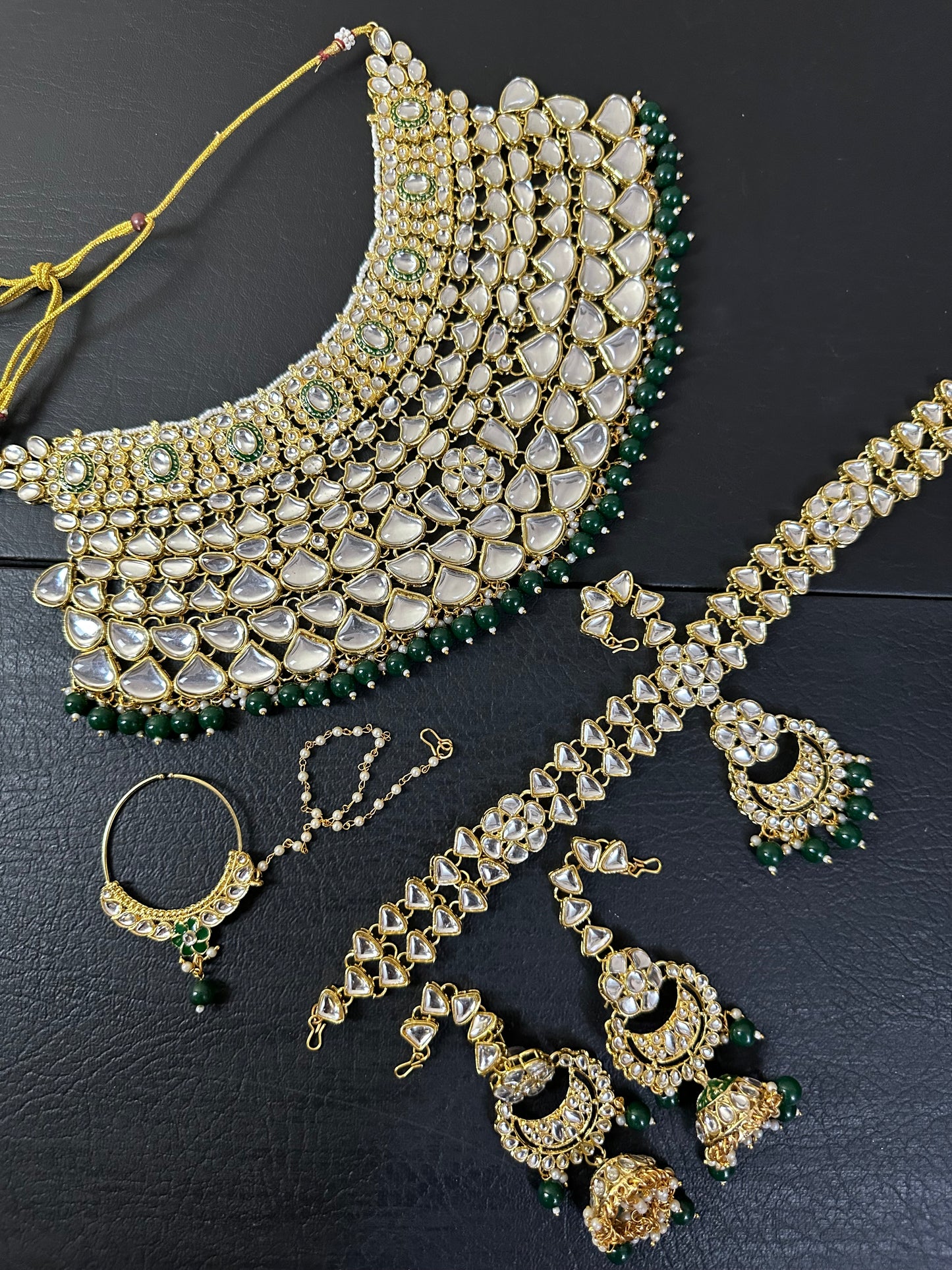 Indian Polki KUNDAN and MEENAKARI Work Set with Matha patti , JHUMKI Earrings and Nose ring