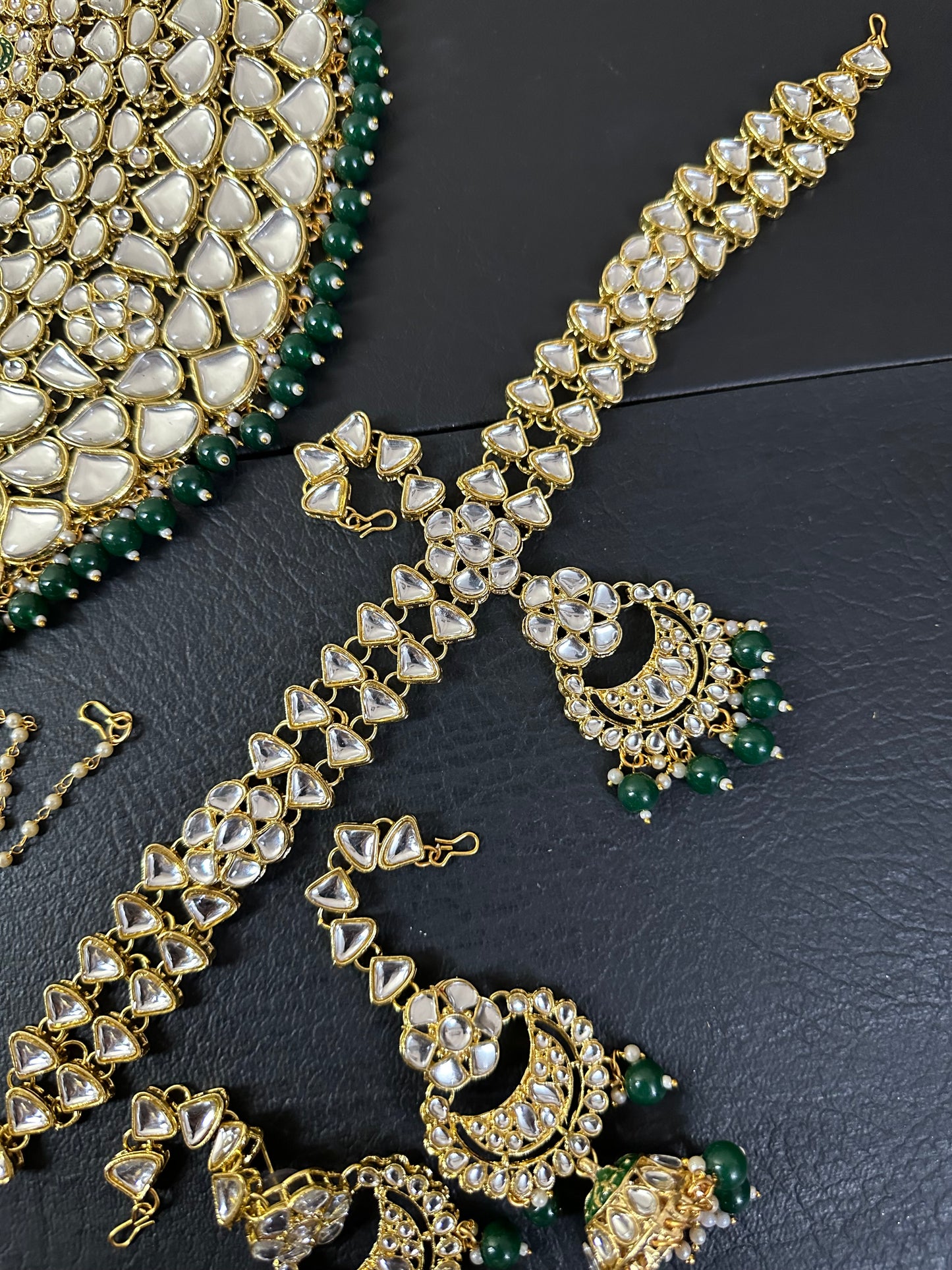 Indian Polki KUNDAN and MEENAKARI Work Set with Matha patti , JHUMKI Earrings and Nose ring