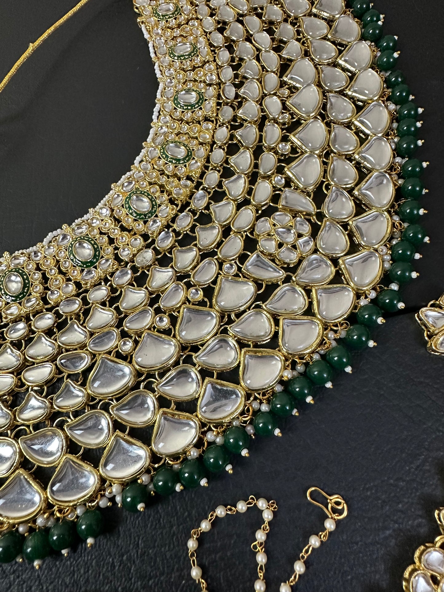 Indian Polki KUNDAN and MEENAKARI Work Set with Matha patti , JHUMKI Earrings and Nose ring