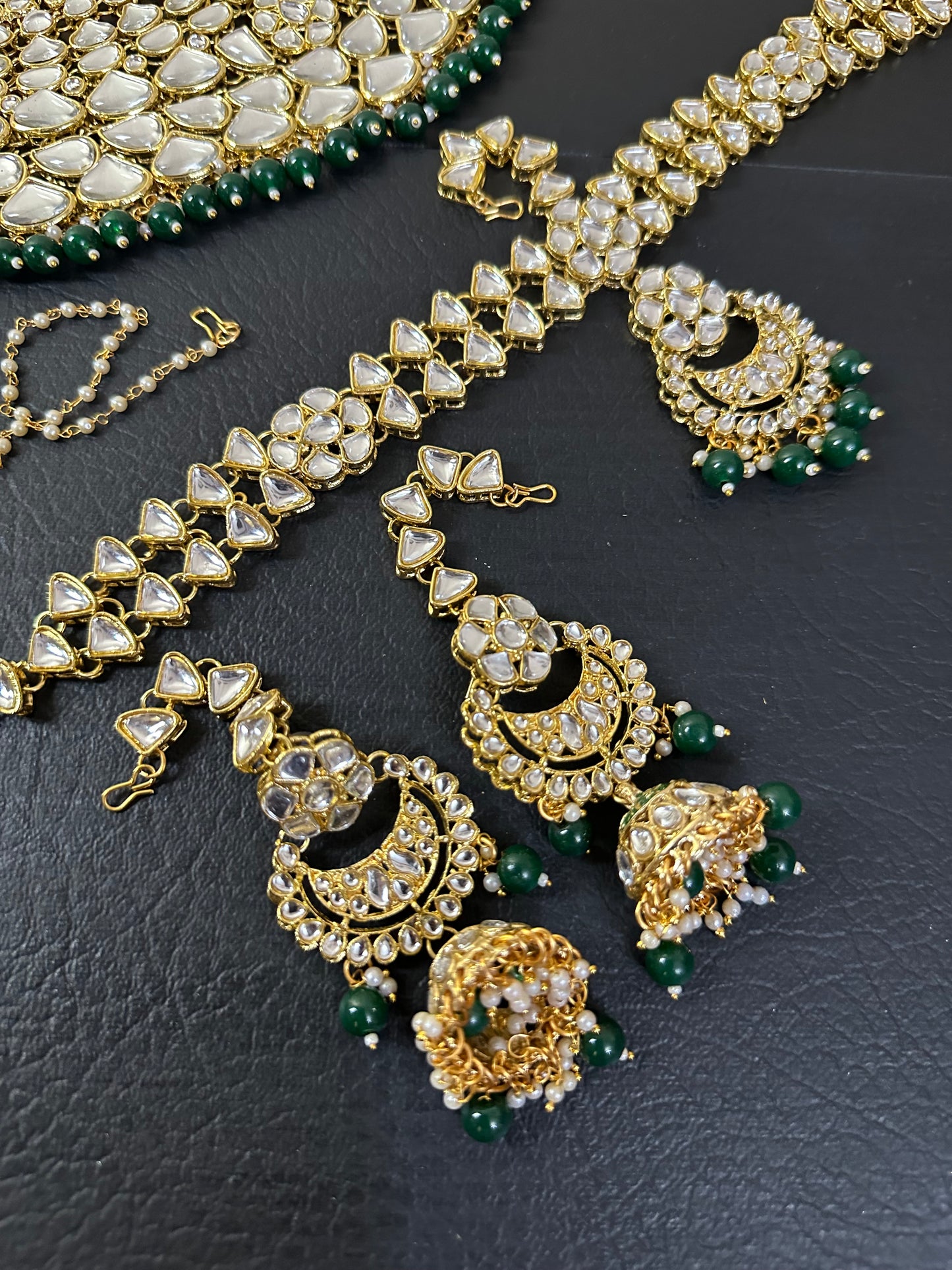 Indian Polki KUNDAN and MEENAKARI Work Set with Matha patti , JHUMKI Earrings and Nose ring