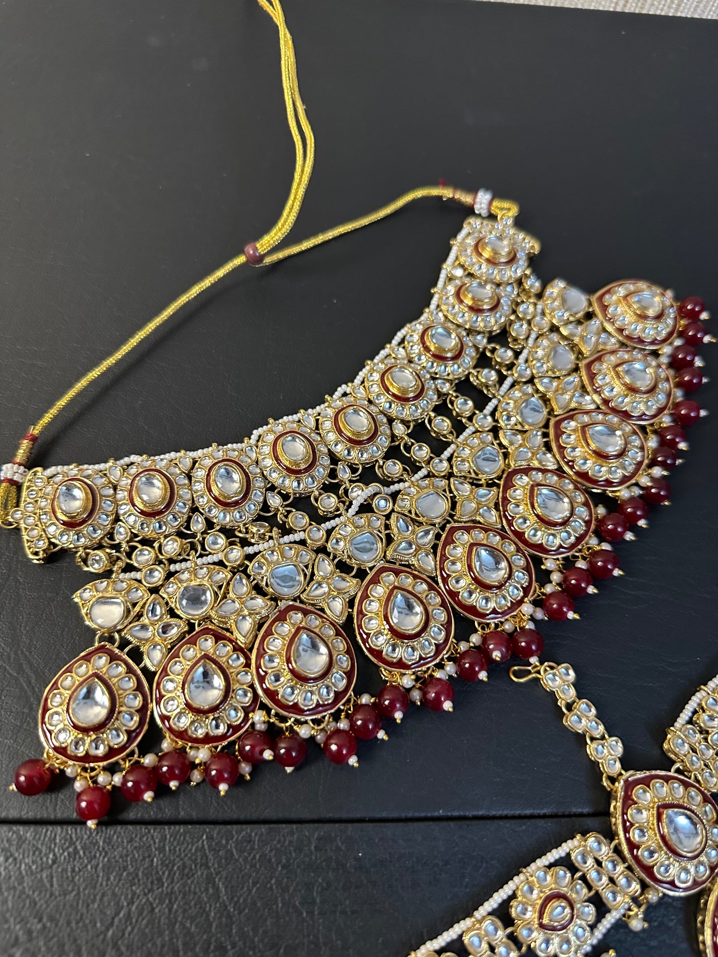 Indian Polki KUNDAN and MEENAKARI Work Set with Matha patti ,Earrings and Nose ring