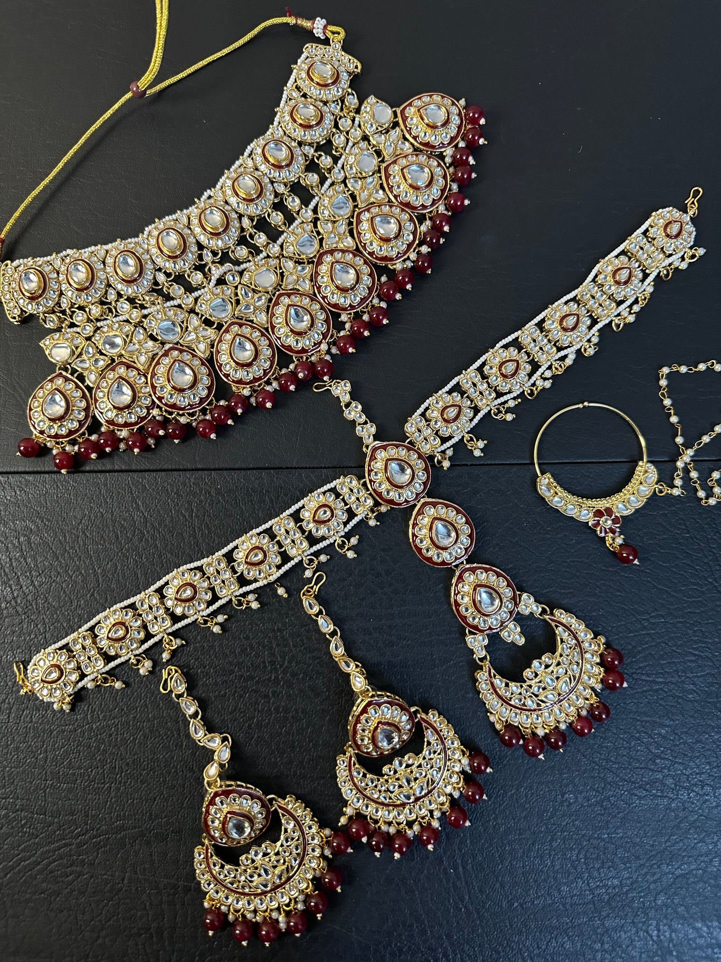 Indian Polki KUNDAN and MEENAKARI Work Set with Matha patti ,Earrings and Nose ring