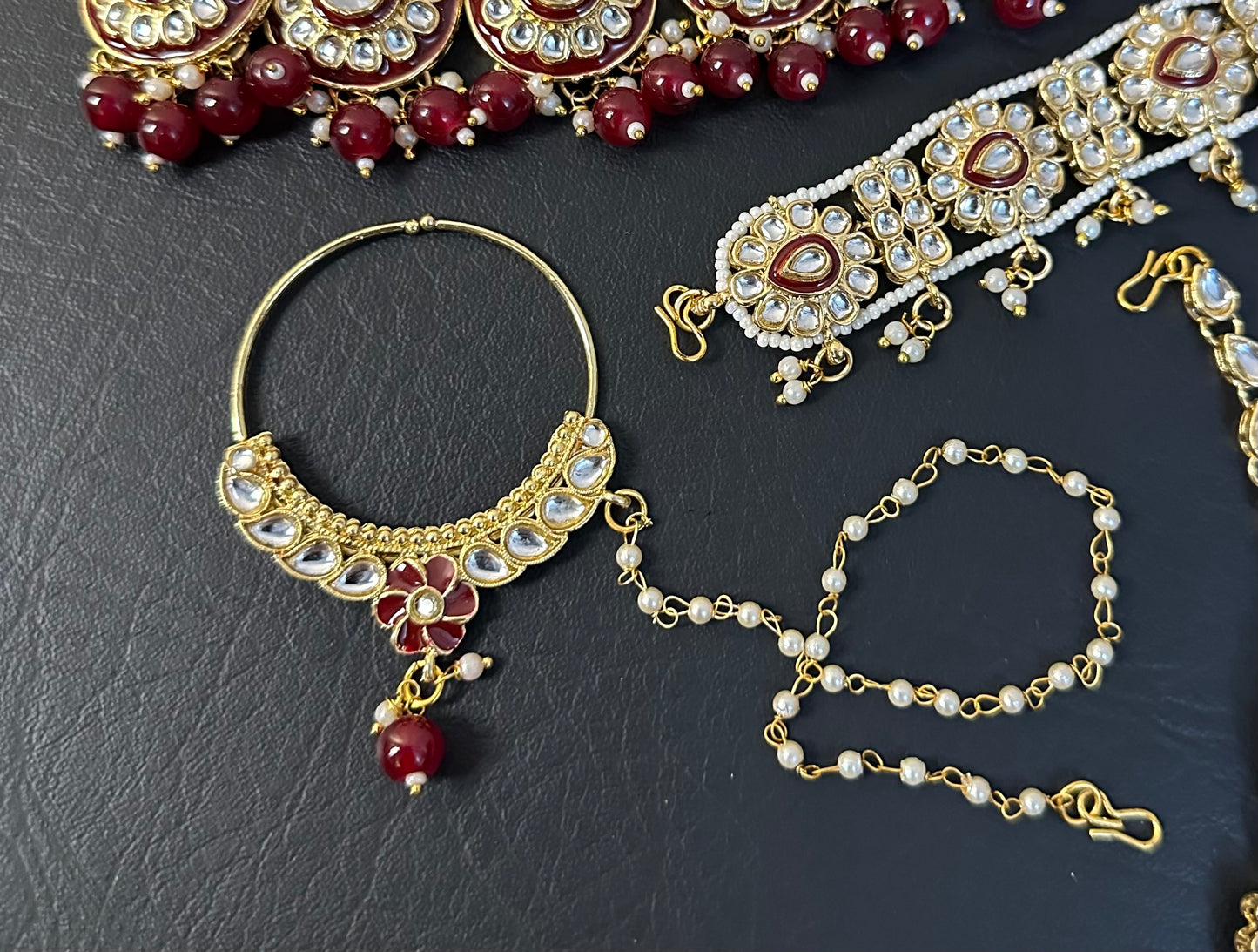 Indian Polki KUNDAN and MEENAKARI Work Set with Matha patti ,Earrings and Nose ring