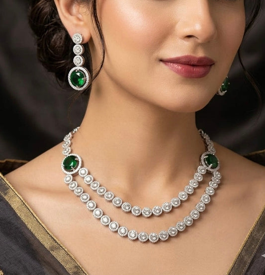 AD Zircon Double Line Necklace With Earrings