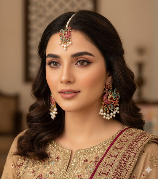 Peacock Turkish Stones Earrings Tika Set