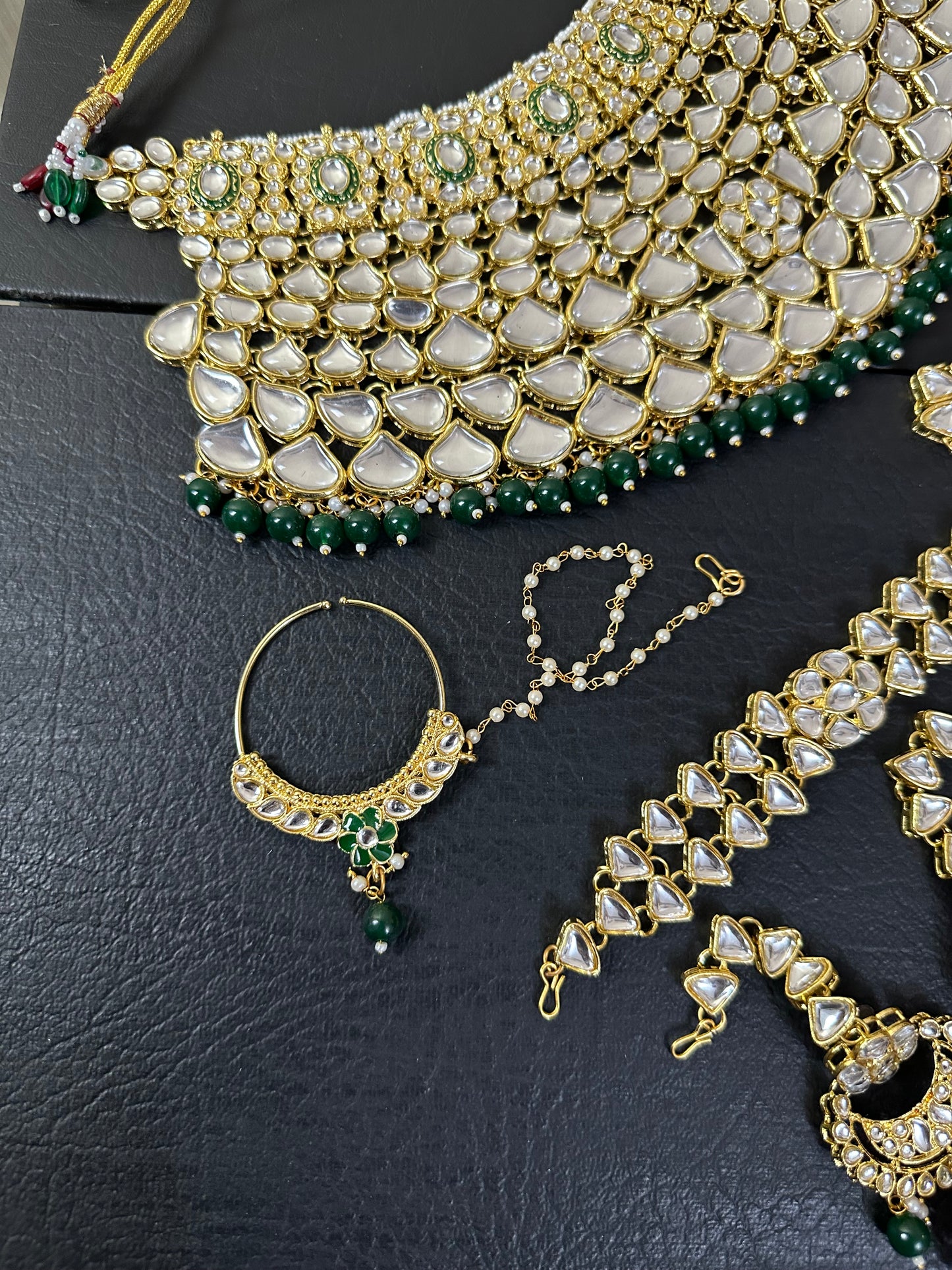 Indian Polki KUNDAN and MEENAKARI Work Set with Matha patti , JHUMKI Earrings and Nose ring