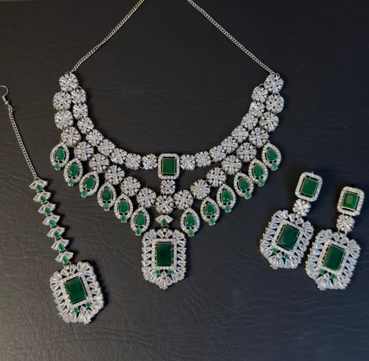 INDIAN AMERICAN DIAMOND ZIRCON DOUBLE LINE NECKLACE WITH TIKA AND EARRINGS ✨