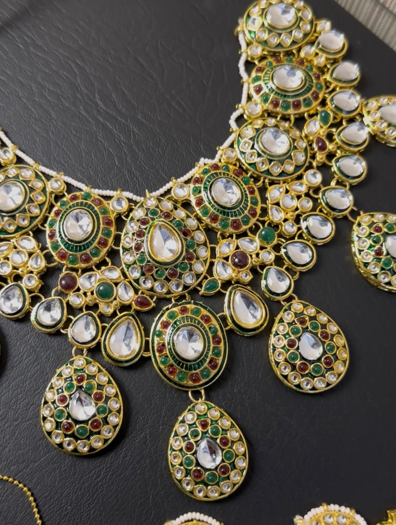 Indian Polki KUNDAN and MEENAKARI Work Set with Matha patti , JHUMKI Earrings and Nose ring