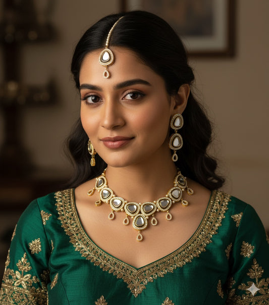 INDIAN KUNDAN NECKLACE WITH EARRINGS AND TIKA