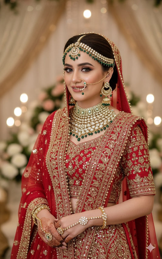 Indian Polki KUNDAN and MEENAKARI Work Set with Matha patti , JHUMKI Earrings and Nose ring