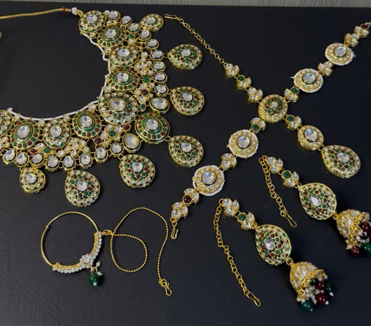 Indian Polki KUNDAN and MEENAKARI Work Set with Matha patti , JHUMKI Earrings and Nose ring