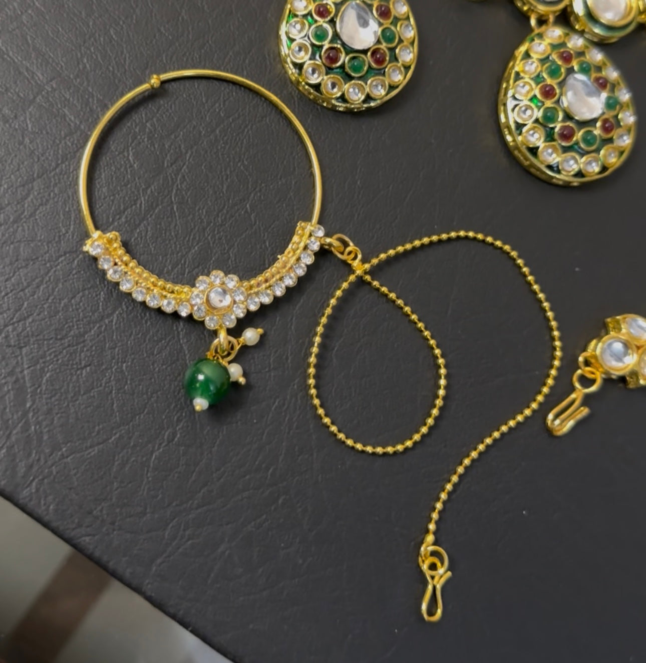 Indian Polki KUNDAN and MEENAKARI Work Set with Matha patti , JHUMKI Earrings and Nose ring