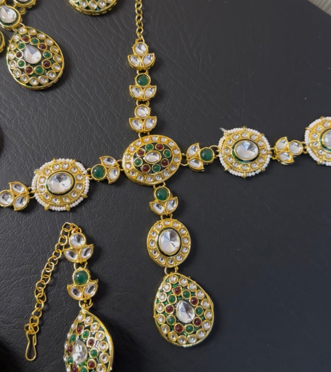 Indian Polki KUNDAN and MEENAKARI Work Set with Matha patti , JHUMKI Earrings and Nose ring