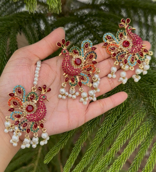 Peacock Turkish Stones Earrings Tika Set