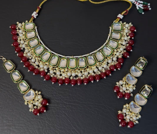 INDIAN KUNDAN WITH MEENAKARI WORK NECKLACE WITH TIKA AND EARRINGS ✨
