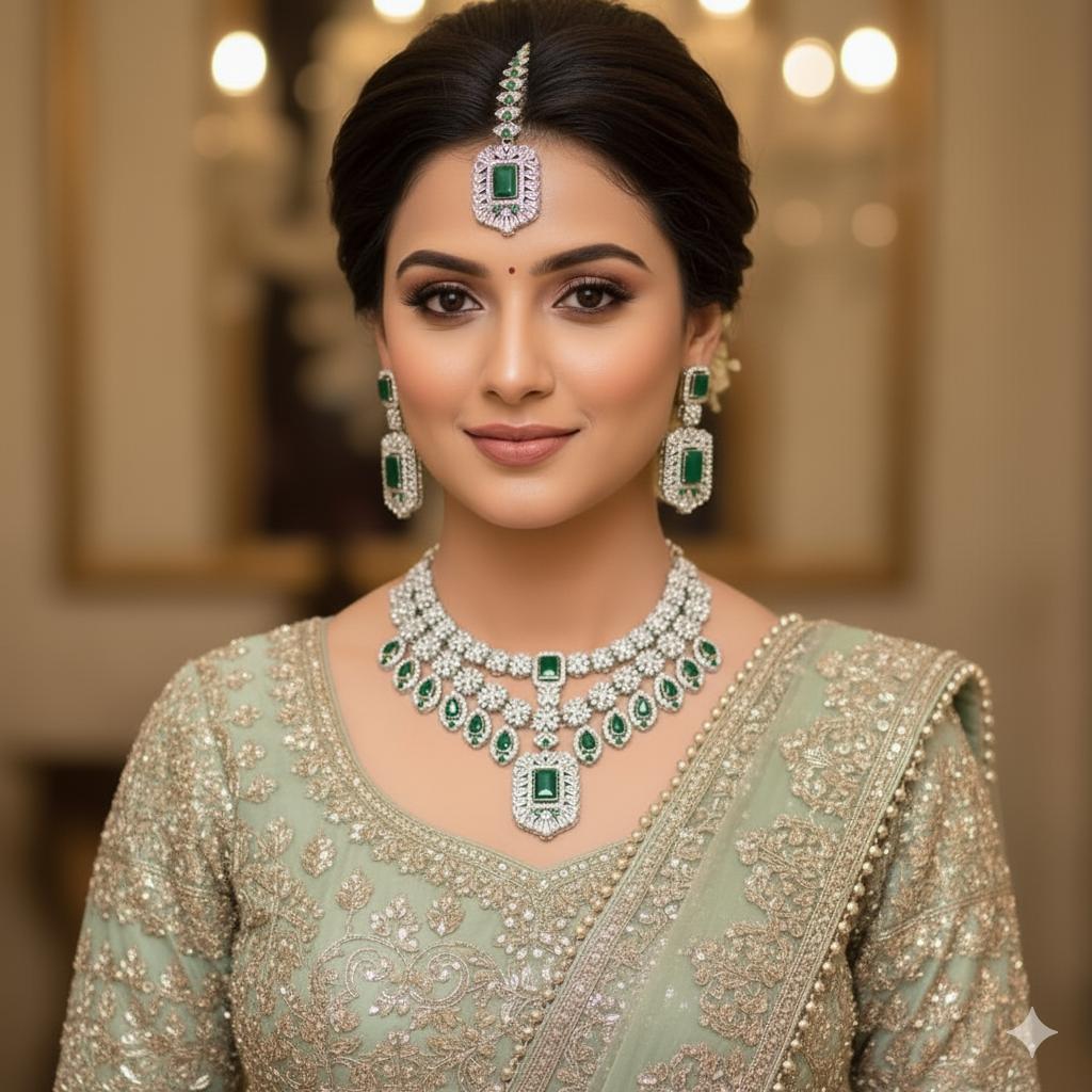 INDIAN AMERICAN DIAMOND ZIRCON DOUBLE LINE NECKLACE WITH TIKA AND EARRINGS ✨