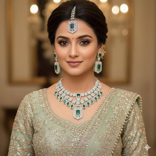 INDIAN AMERICAN DIAMOND ZIRCON DOUBLE LINE NECKLACE WITH TIKA AND EARRINGS ✨
