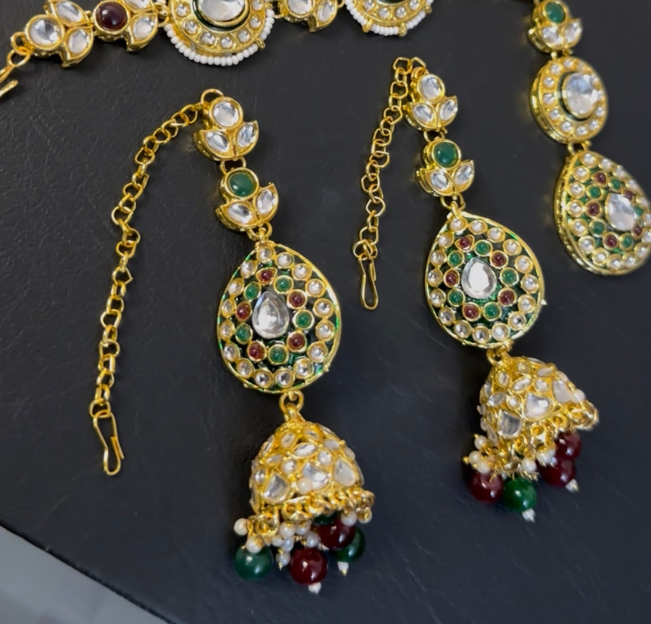 Indian Polki KUNDAN and MEENAKARI Work Set with Matha patti , JHUMKI Earrings and Nose ring