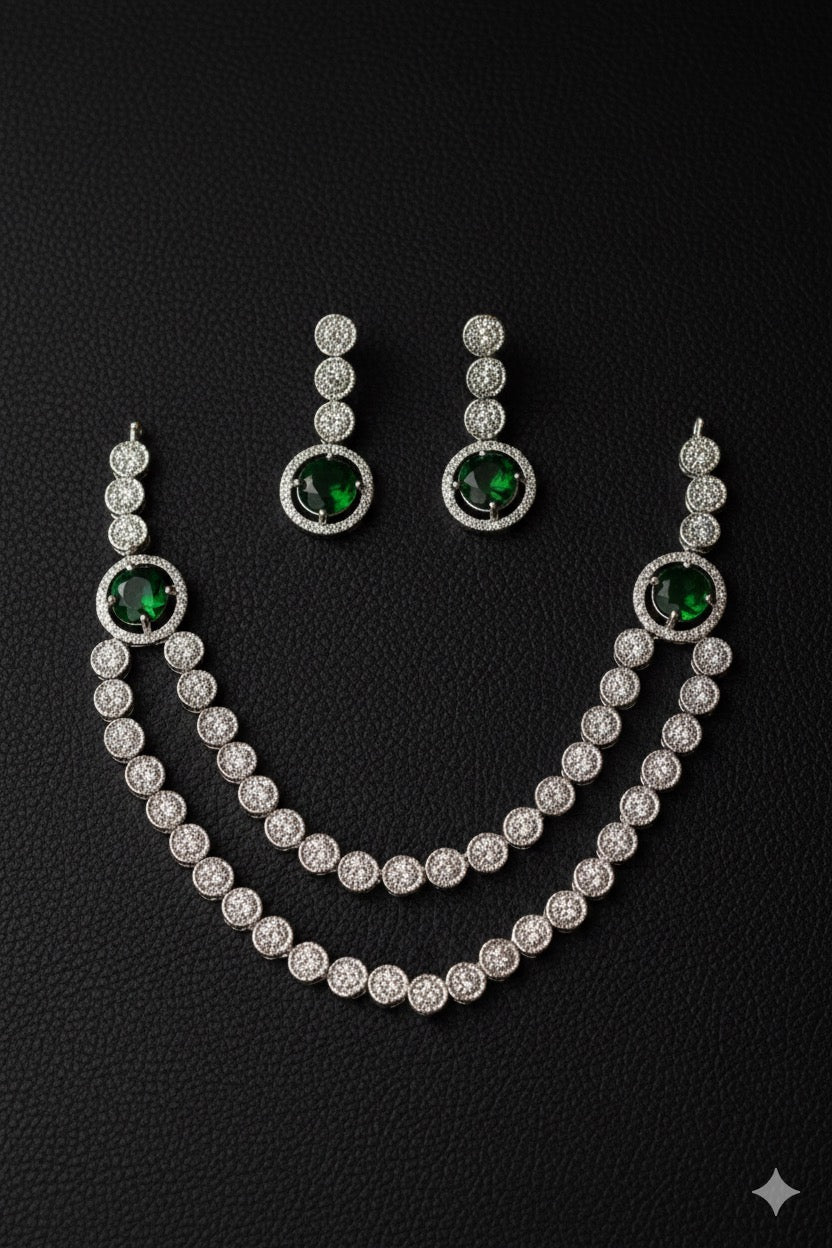 AD Zircon Double Line Necklace With Earrings