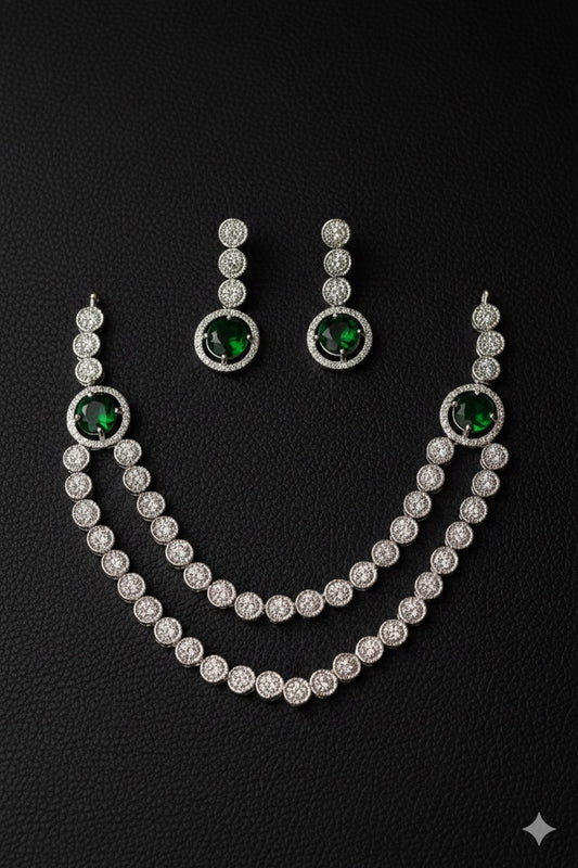AD Zircon Double Line Necklace With Earrings