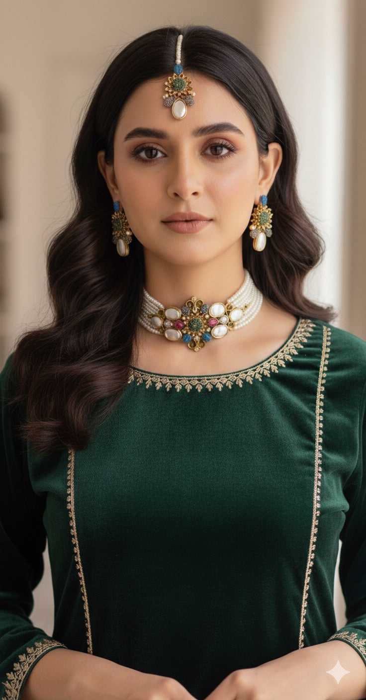 Handcrafted Turkish Stones With Mother pearl CHOKAR with earrings and Tika