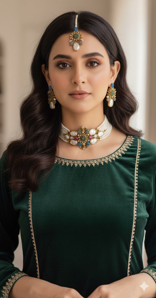 Handcrafted Turkish Stones With Mother pearl CHOKAR with earrings and Tika