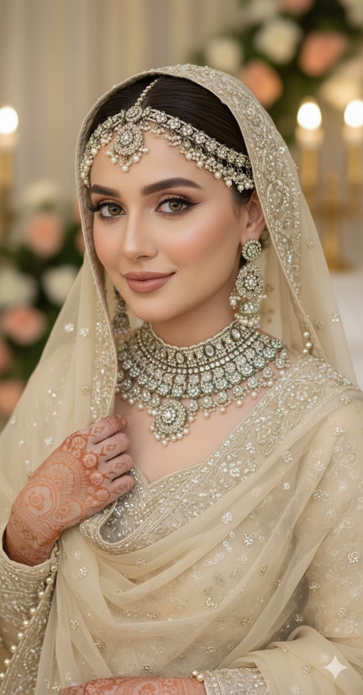 Indian Polki KUNDAN and Meenakari Work Bridal Set with Sheeh Matha Patti and JHUMKI Earrings ✨
