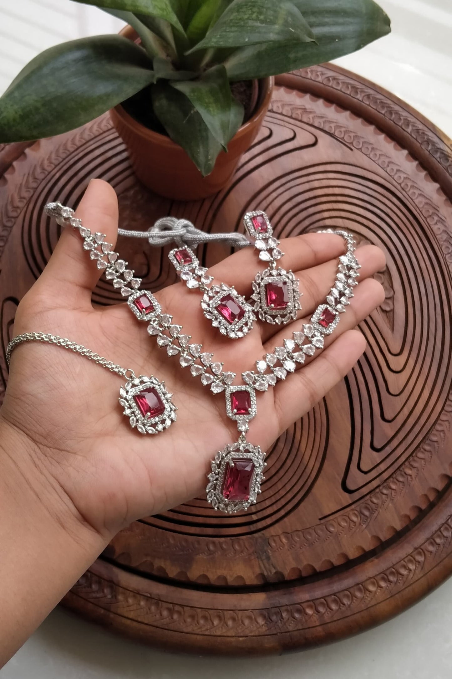Indian American Ad Diamond Jadao Zircon Necklace with Earrings and maang Tika ✨