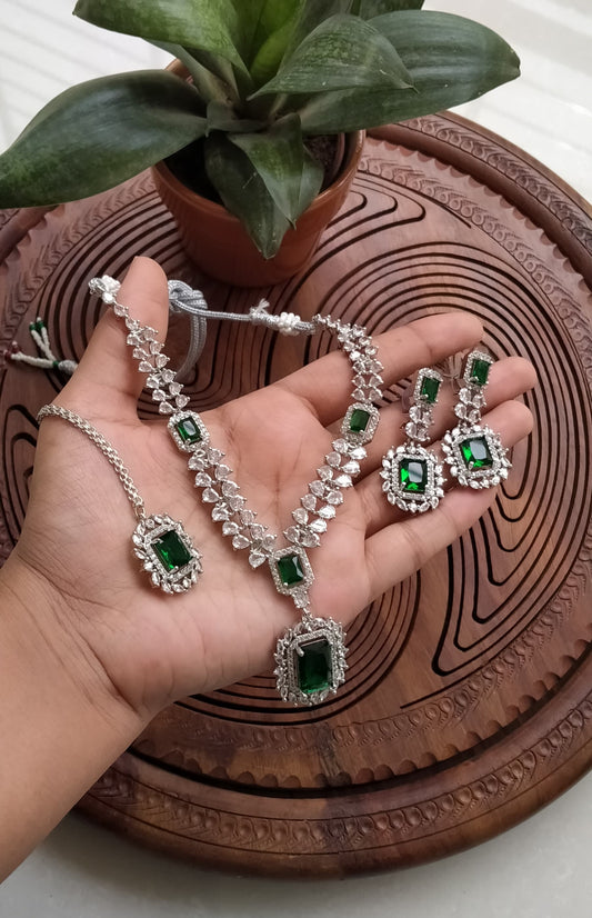 Indian American Ad Diamond Jadao Zircon Necklace with Earrings and maang Tika ✨