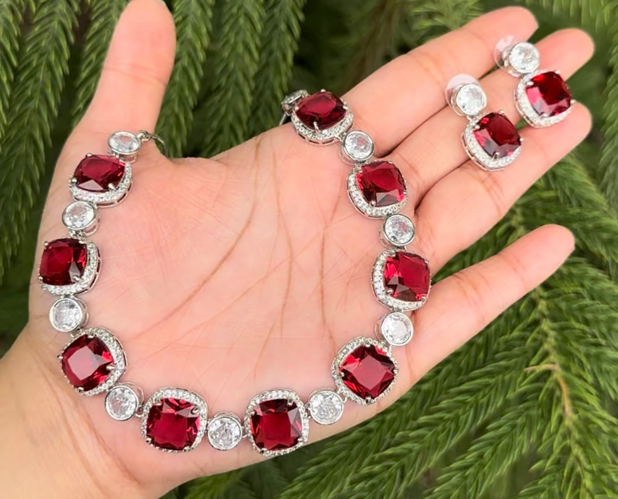 AMERICAN AD DIAMOND RED ZIRCON NECKLACE SET