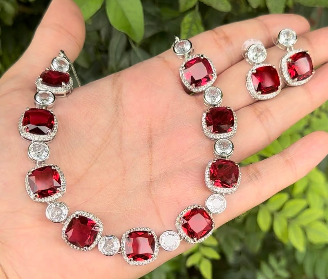 AMERICAN AD DIAMOND RED ZIRCON NECKLACE SET